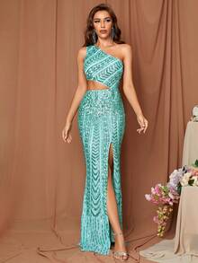 LOVE&LEMONADE Một bờ vai Cắt ra Tách đùi Kim sa Đầm Party - Màu xanh bạc hà - Xem 3