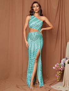 LOVE&LEMONADE Một bờ vai Cắt ra Tách đùi Kim sa Đầm Party - Màu xanh bạc hà - Xem 4