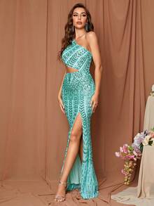 LOVE&LEMONADE Một bờ vai Cắt ra Tách đùi Kim sa Đầm Party - Màu xanh bạc hà - Xem 6