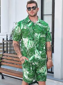 Manfinity RSRT Men Plus Tropical Print Shirt & Shorts - Green - View 4