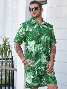 Manfinity RSRT Men Plus Tropical Print Shirt & Shorts - Green - View 6