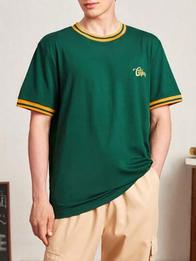 Guys Letter Graphic Striped Trim Tee