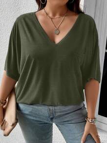 SHEIN LUNE Áo thun tay cánh dơi trơn Plus - xanh quân đội - Xem 4