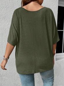 SHEIN LUNE Áo thun tay cánh dơi trơn Plus - xanh quân đội - Xem 2