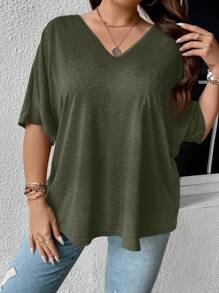 SHEIN LUNE Áo thun tay cánh dơi trơn Plus - xanh quân đội - Xem 5