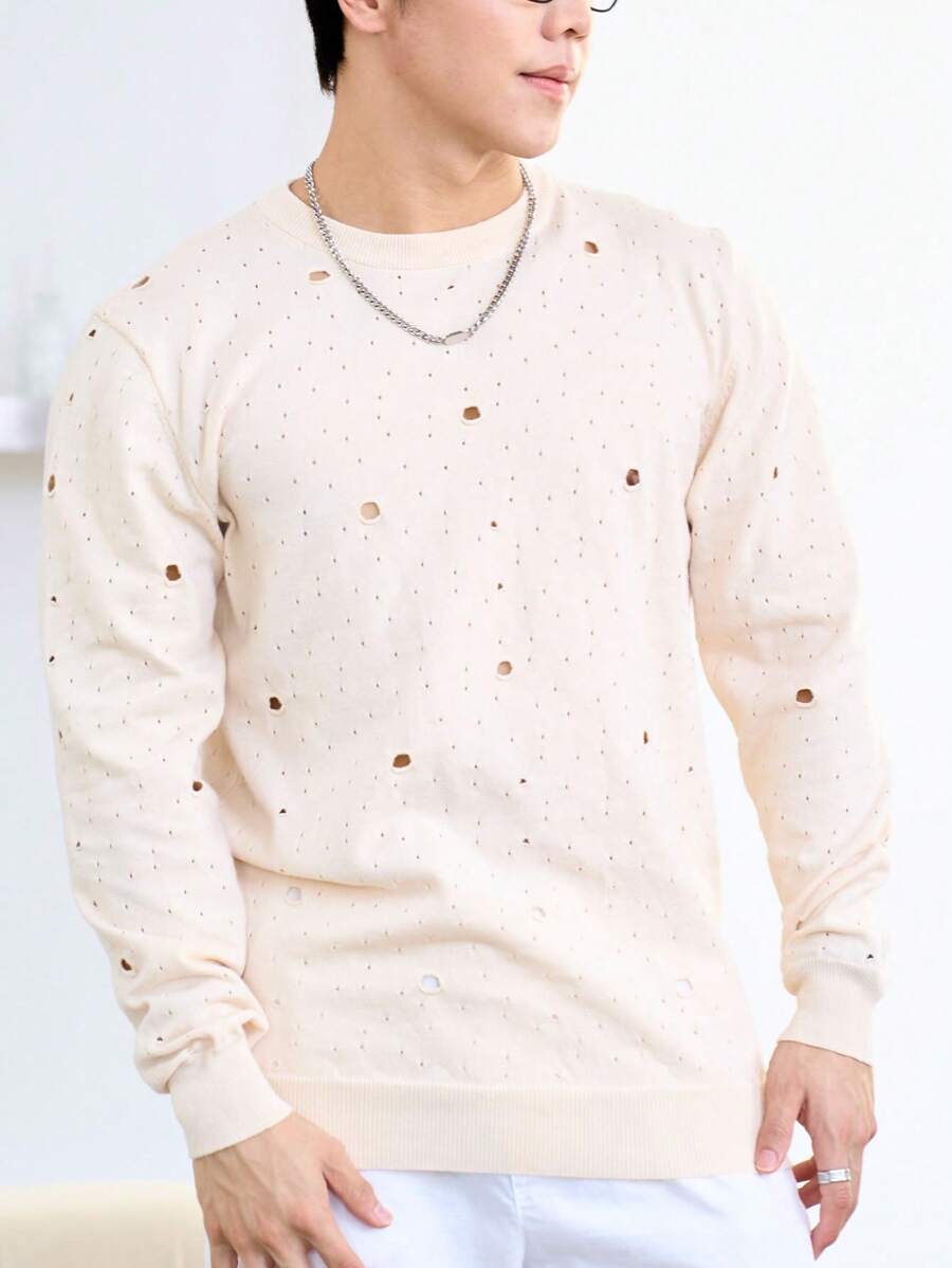 Claim Dot Men Solid Ripped Sweater - Apricot - View 1
