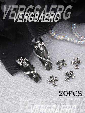Ancient Silver 20Pcs Geometric Shaped Nail Art Decoration Punk Nail Cross Alloy Nail Drill, Gothic Dark Style Three-Dimensional Y2K Metal Cross, Alloy Metal Texture Diy Nail Molding Decoration, Nail Rhinestone Fake Nail Decoration Accessories Nail Charms Nail Supplies Nail Gems Nails