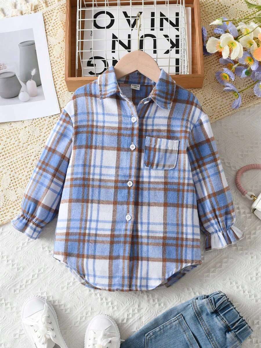 SHEIN Áo sơ mi dài tay thông thường cho bé gái có cổ tay co giãn cho mùa thu - Nhiều màu - Xem 1