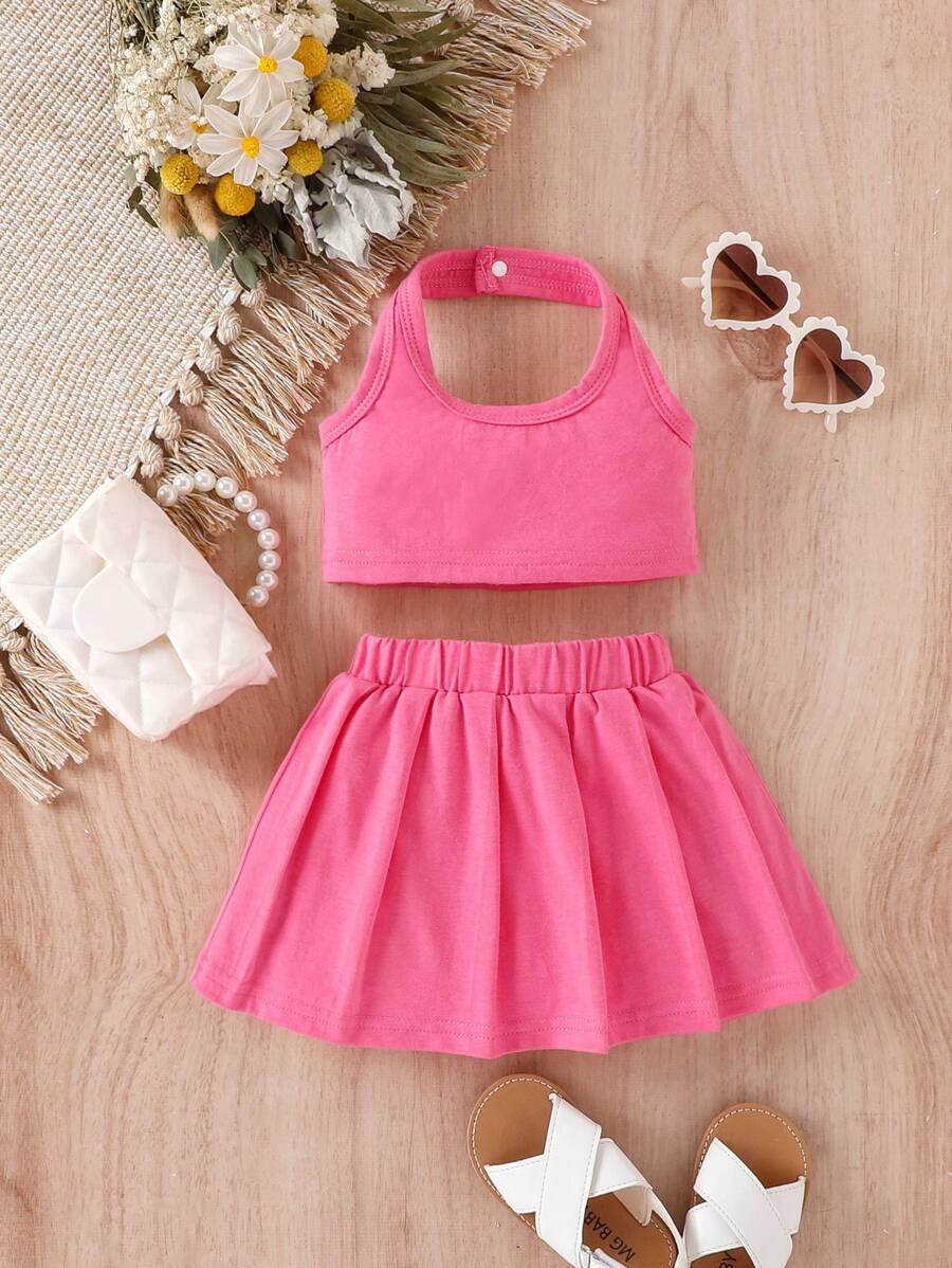 Baby Solid Halter Top & Pleated Skirt - Pink - View 1