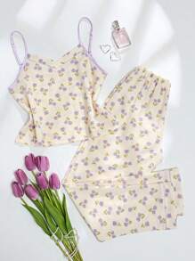 CottageSlumber Floral Print Cami Top & Trousers PJ Set - Beige - View 1