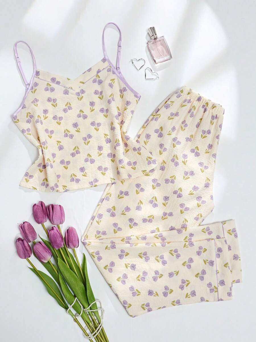 CottageSlumber Floral Print Cami Top & Trousers PJ Set - Beige - View 1
