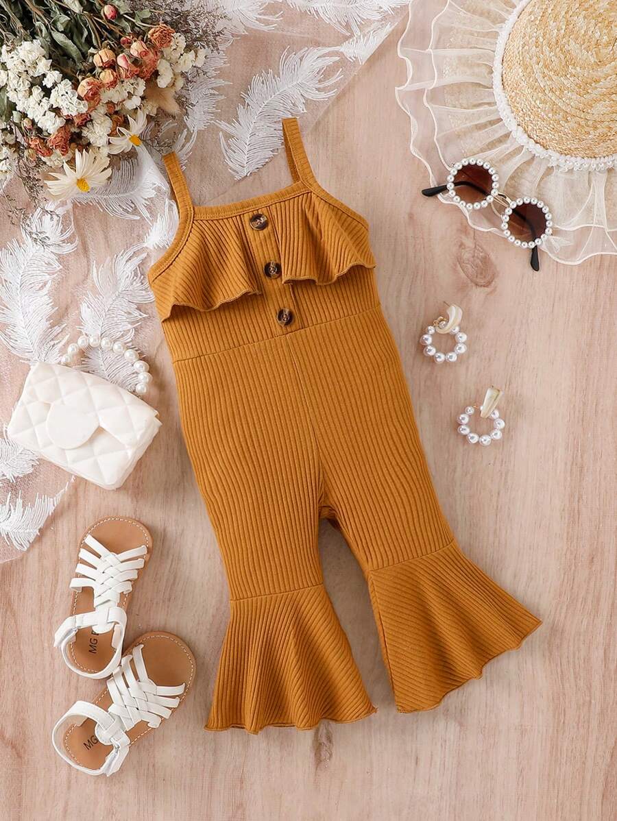 Baby Button Front Ruffle Trim Flare Leg Cami Jumpsuit - Brown - View 1