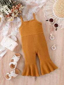 Baby Button Front Ruffle Trim Flare Leg Cami Jumpsuit - Brown - View 2