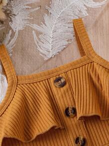 Baby Button Front Ruffle Trim Flare Leg Cami Jumpsuit - Brown - View 4