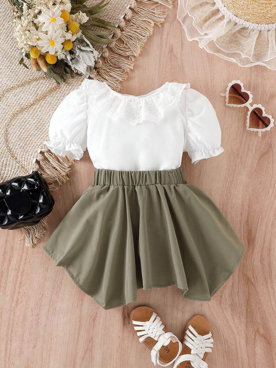 Baby Lace Trim Puff Sleeve Top & Shorts - Multicolor - View 1