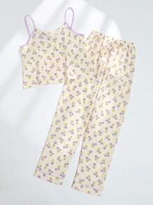 CottageSlumber Floral Print Cami Top & Trousers PJ Set - Beige - View 6