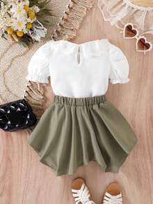 Baby Lace Trim Puff Sleeve Top & Shorts - Multicolor - View 2