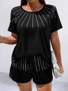 SHEIN LUNE Plus Polka Dot Print Tee & Shorts - Black - View 1