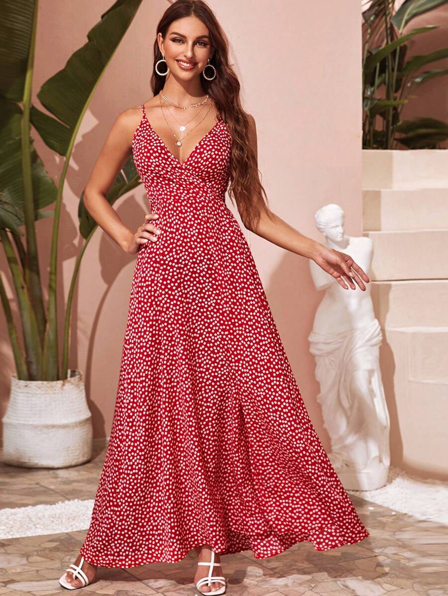 Breezaya Surplice Neck Tie Back Ditsy Floral Dress - Red - View 1