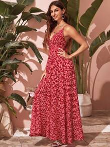 Breezaya Surplice Neck Tie Back Ditsy Floral Dress - Red - View 3