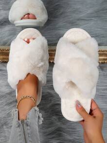 Women's Fluffy Indoor Slippers, Bedroom Slippers - White - View 1