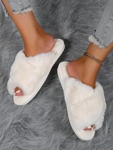Women's Fluffy Indoor Slippers, Bedroom Slippers - White - View 3