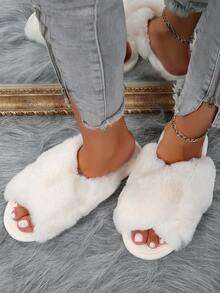 Women's Fluffy Indoor Slippers, Bedroom Slippers - White - View 5
