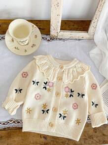 Baby Girl Floral Embroidery Ruffle Trim Cardigan - Apricot - View 1