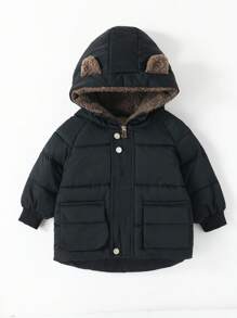 Young Boy 3D Ear Design Hooded Padded Coat - Black - View 1