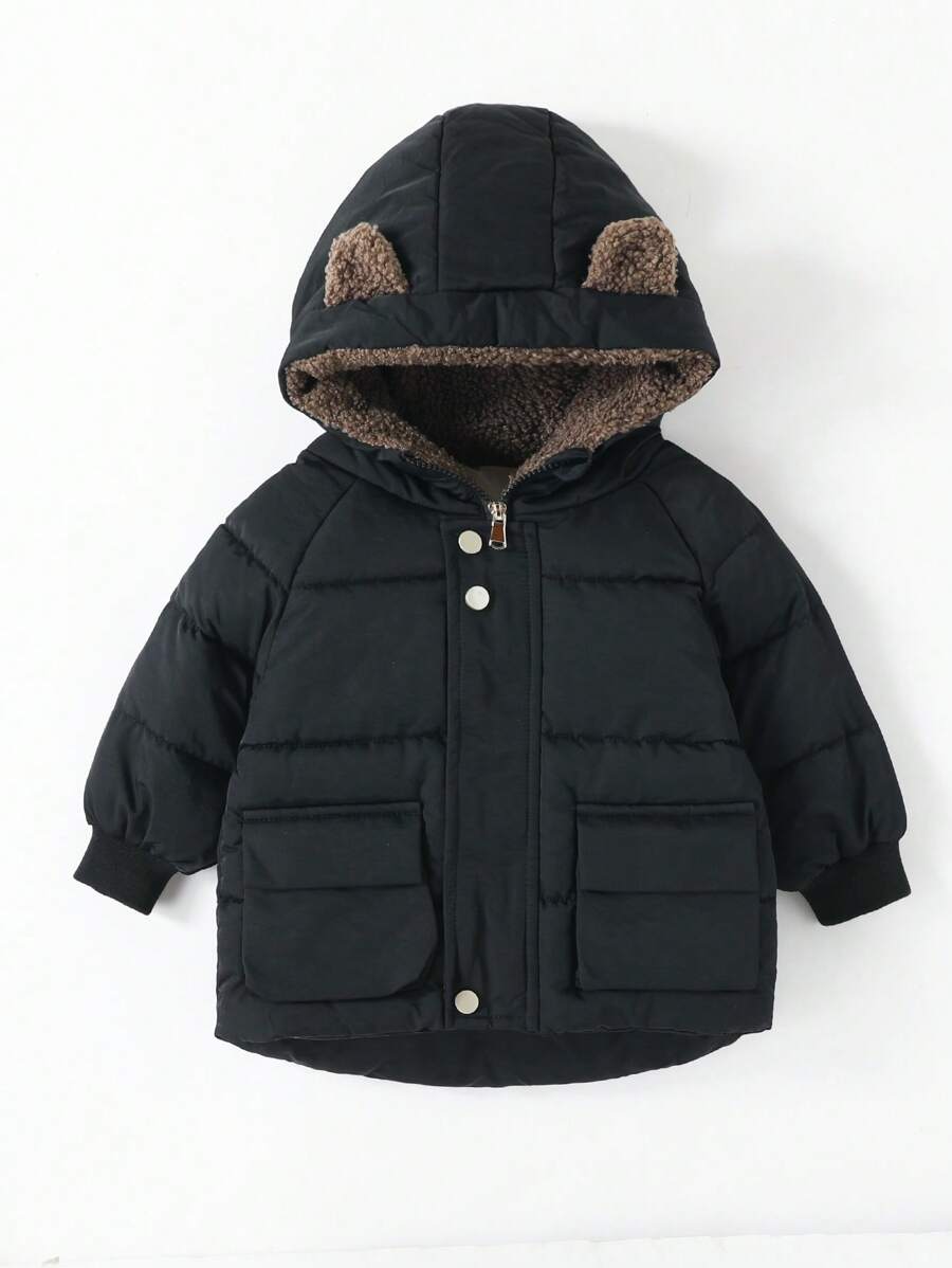 Young Boy 3D Ear Design Hooded Padded Coat - Black - View 1