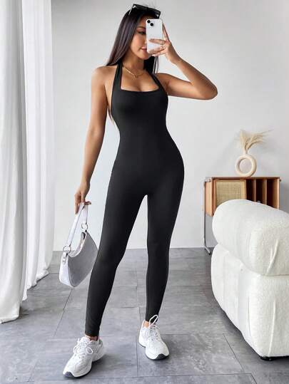 SHEIN PETITE Solid Halter Neck Backless Unitard Spring Women Jumpsuit