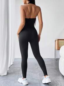 SHEIN PETITE Solid Halter Neck Backless Unitard Spring Women Jumpsuit - Black - View 2