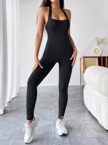 SHEIN PETITE Solid Halter Neck Backless Unitard Spring Women Jumpsuit - Black - View 4
