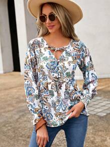 SHEIN PETITE Paisley Print Peplum Blouse - Multicolor - View 3