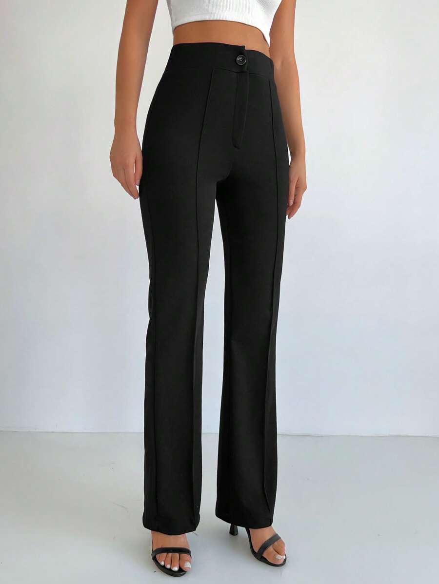 High Waist Flare Leg Trousers - Black - View 1