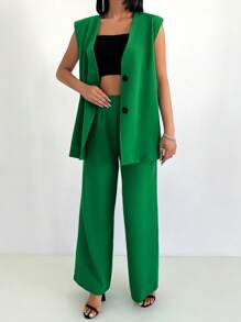 EURMUSE Solid Button Front Vest Blazer & Pants - Green - View 1