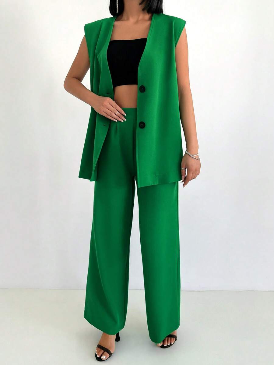 EURMUSE Solid Button Front Vest Blazer & Pants - Green - View 1