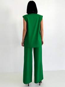 EURMUSE Solid Button Front Vest Blazer & Pants - Green - View 2