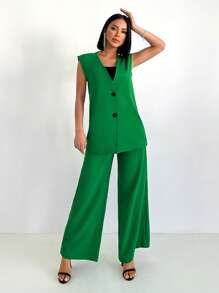 EURMUSE Solid Button Front Vest Blazer & Pants - Green - View 4