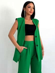 EURMUSE Solid Button Front Vest Blazer & Pants - Green - View 5