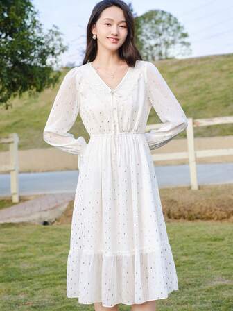 Gold Dot Print Flare Sleeve Ruffle Hem Dress