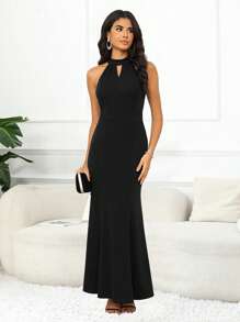 Solid Keyhole Neckline Mermaid Hem Halter Dress - Black - View 1