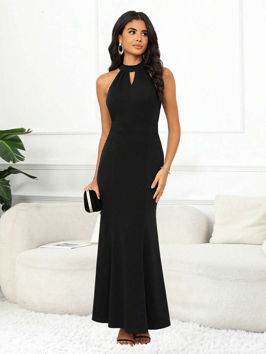 Solid Keyhole Neckline Mermaid Hem Halter Dress - Black - View 1