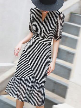 V Neck Striped Ruffle Hem Dress