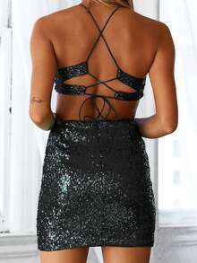 Vestido halter con lentejuelas y espalda descubierta con lazo recortado - Negro - Ver 2