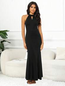 Solid Keyhole Neckline Mermaid Hem Halter Dress - Black - View 3