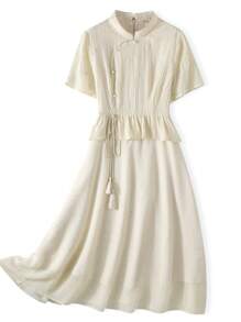 Solid Mandarin Collar Ruffle Hem Dress - Beige - View 1