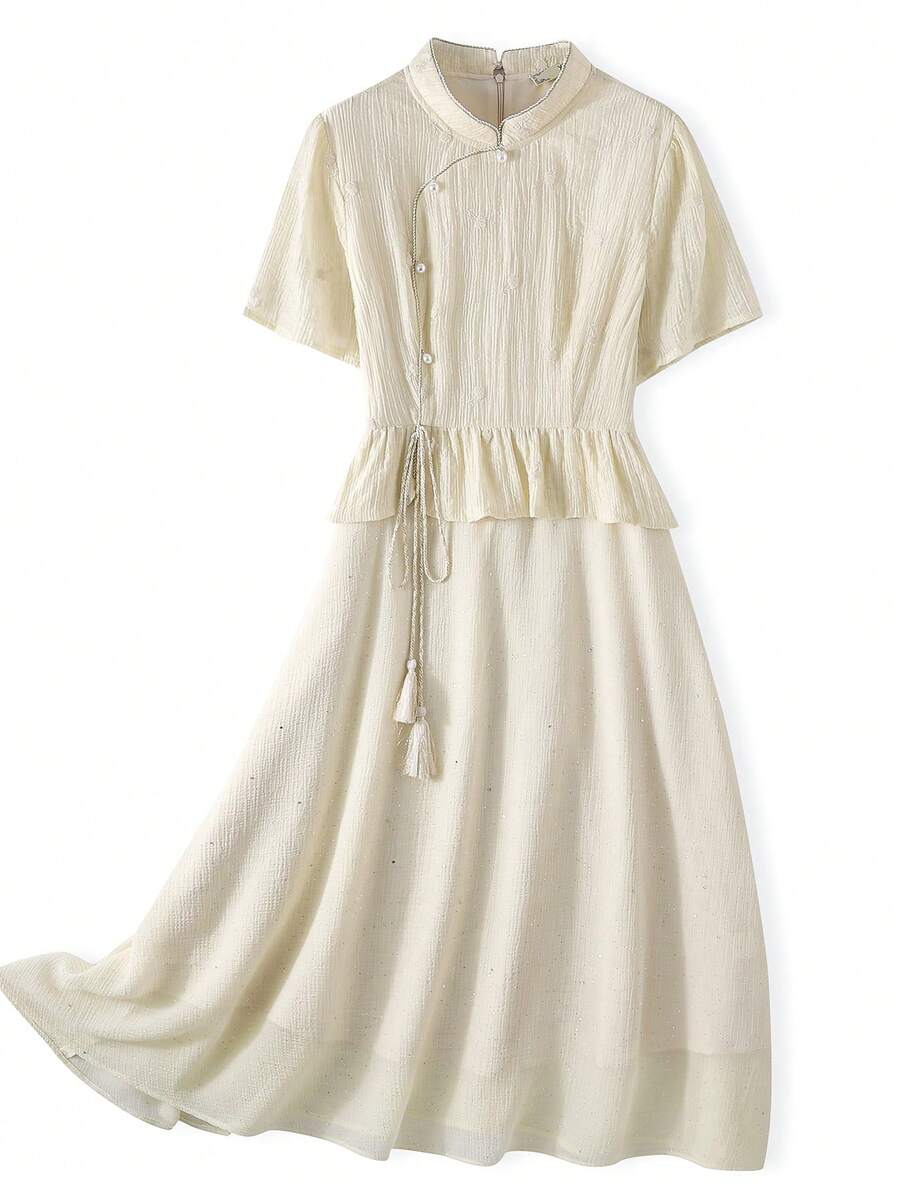 Solid Mandarin Collar Ruffle Hem Dress - Beige - View 1