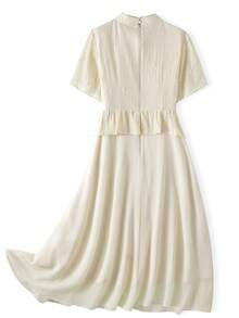 Solid Mandarin Collar Ruffle Hem Dress - Beige - View 2