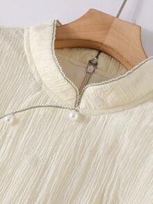 Solid Mandarin Collar Ruffle Hem Dress - Beige - View 4
